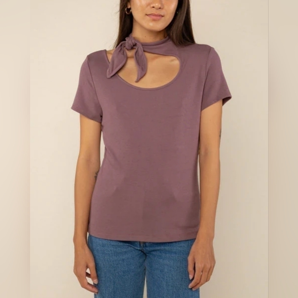 Chic Mauve Short Sleeve Top w/ Neck Tie Bow – Sizes S–L